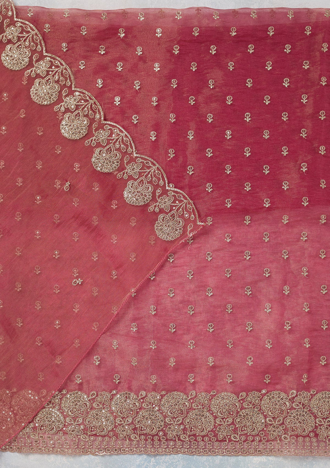 Pink Zariwork (Gold) Tissue Unstitched Salwar Suit-koskii