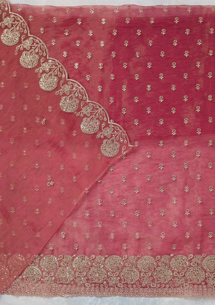 Pink Zariwork (Gold) Tissue Unstitched Salwar Suit-koskii