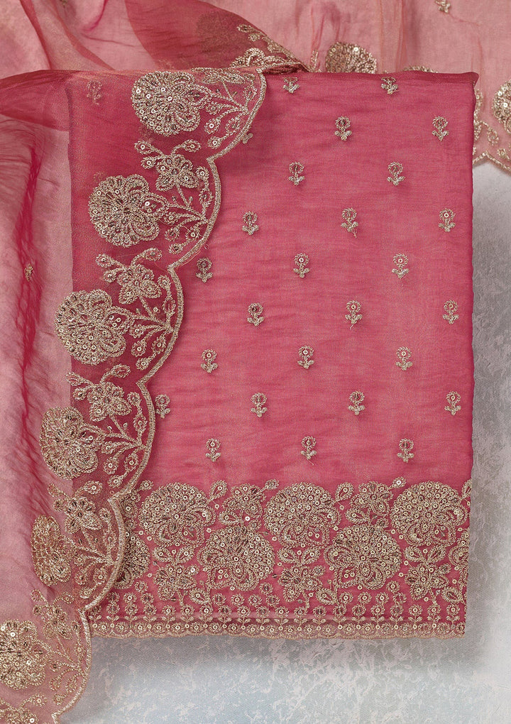 Pink Zariwork (Gold) Tissue Unstitched Salwar Suit-koskii