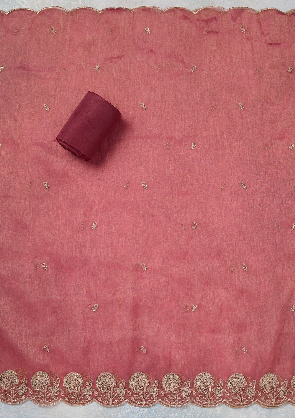 Pink Zariwork (Gold) Tissue Unstitched Salwar Suit-koskii