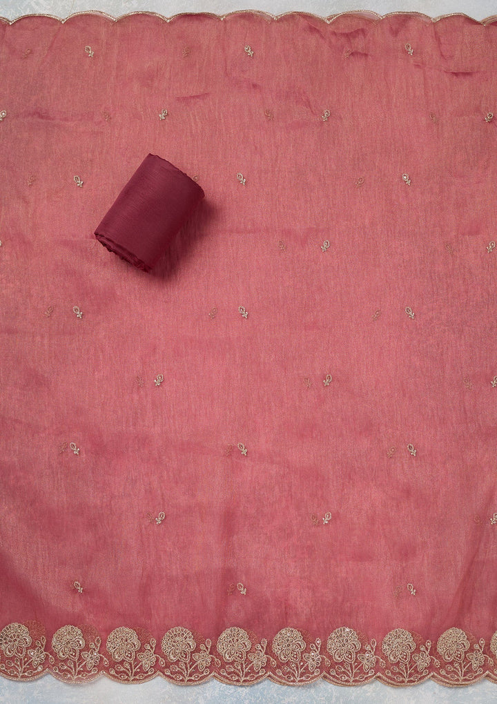 Pink Zariwork (Gold) Tissue Unstitched Salwar Suit-koskii