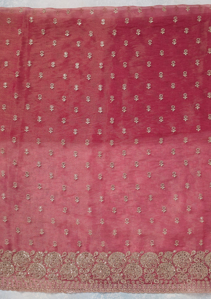 Pink Zariwork (Gold) Tissue Unstitched Salwar Suit-koskii