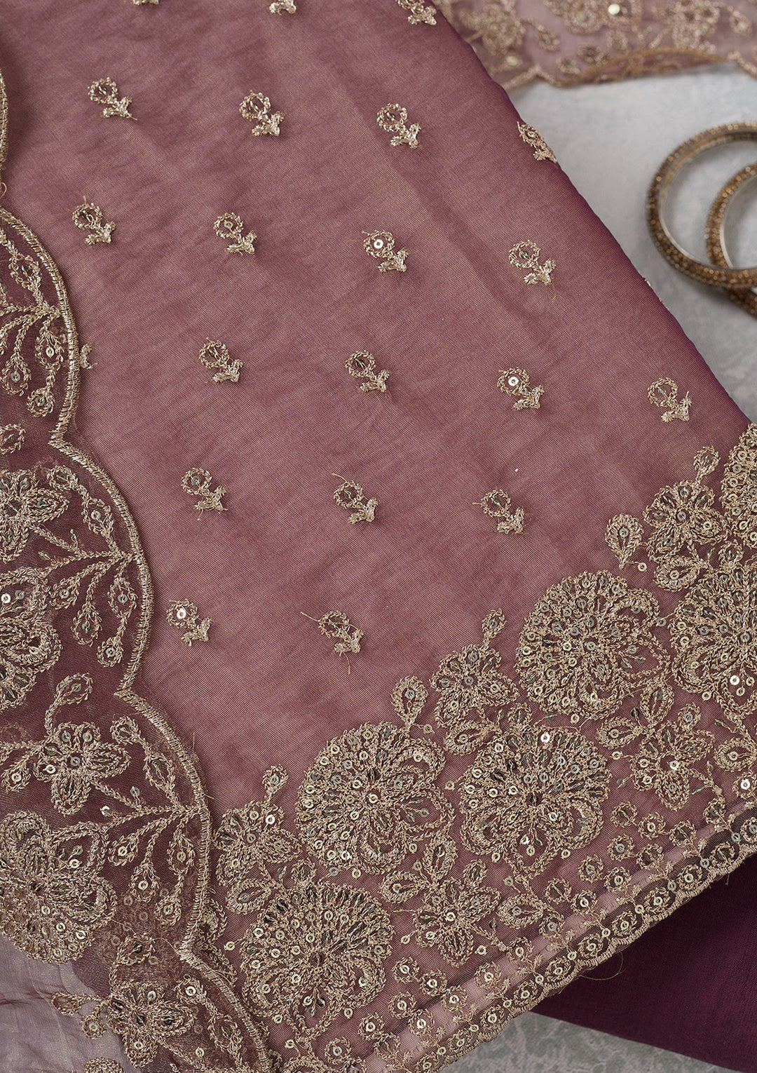 Wine Zariwork (Gold) Tissue Unstitched Salwar Suit-koskii