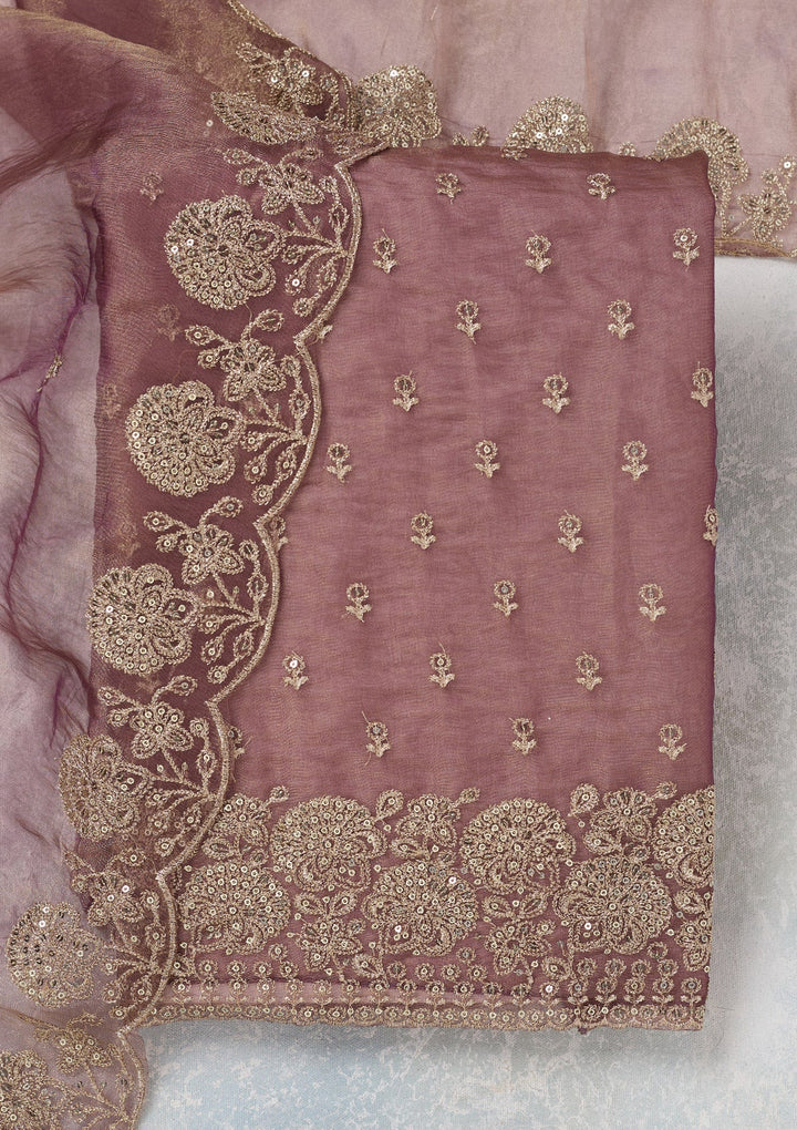 Wine Zariwork (Gold) Tissue Unstitched Salwar Suit-koskii