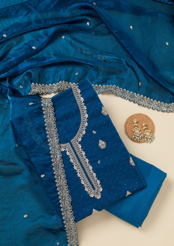 Blue Zardozi (Gold) Semi Crepe Unstitched Salwar Suit-Koskii