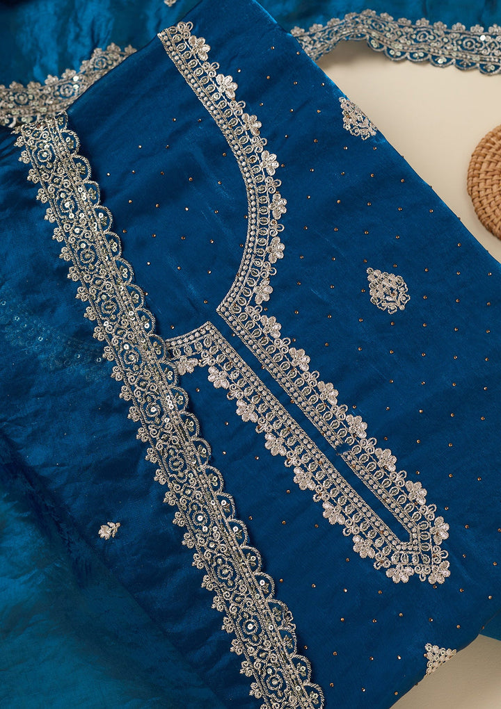 Blue Zardozi (Gold) Semi Crepe Unstitched Salwar Suit-Koskii