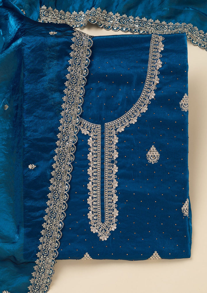 Blue Zardozi (Gold) Semi Crepe Unstitched Salwar Suit-Koskii