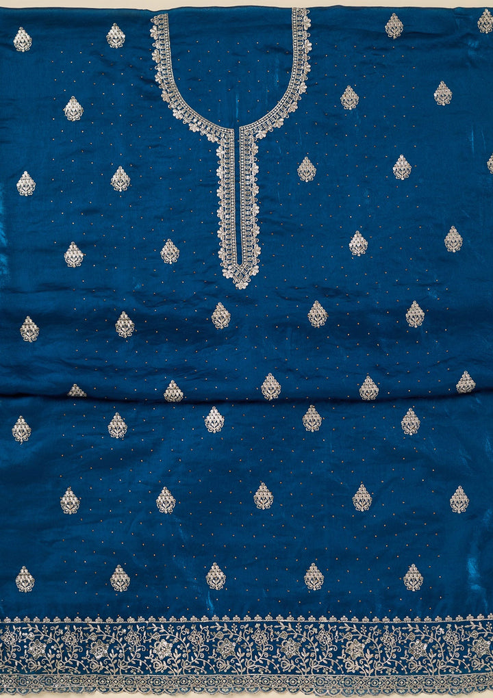 Blue Zardozi (Gold) Semi Crepe Unstitched Salwar Suit-Koskii