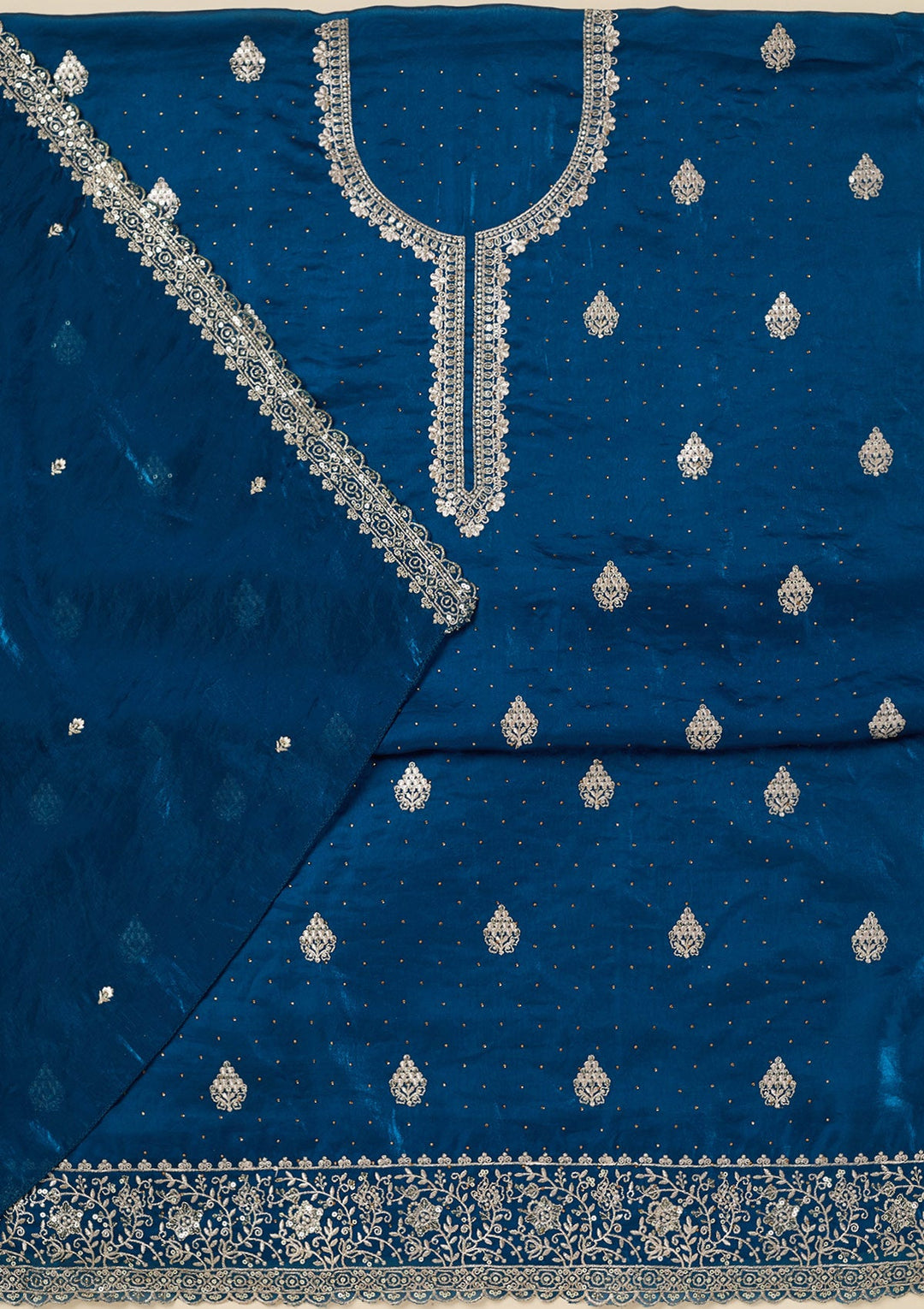 Blue Zardozi (Gold) Semi Crepe Unstitched Salwar Suit-Koskii