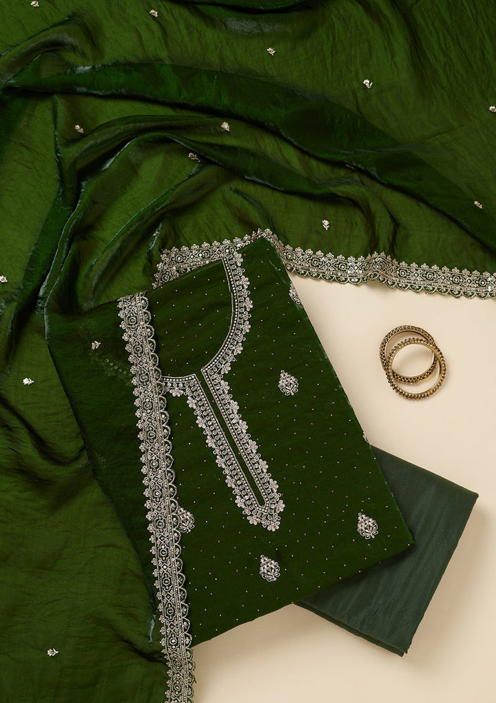 Green Zardozi (Gold) Semi Crepe Unstitched Salwar Suit-Koskii