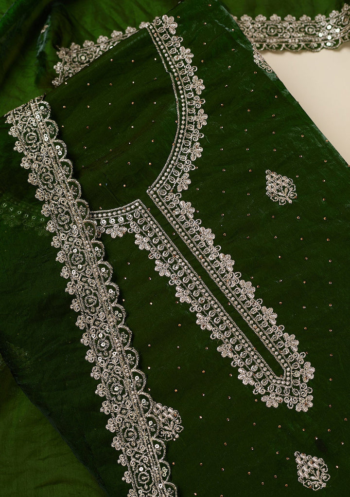 Green Zardozi (Gold) Semi Crepe Unstitched Salwar Suit-Koskii