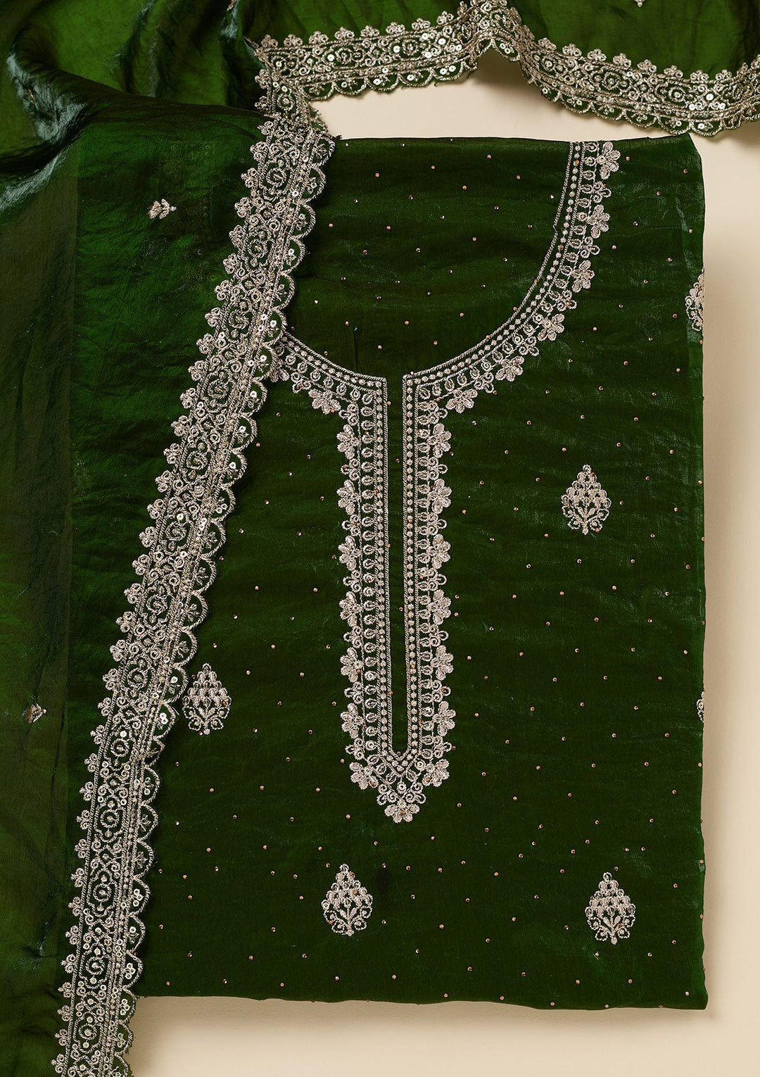 Green Zardozi (Gold) Semi Crepe Unstitched Salwar Suit-Koskii