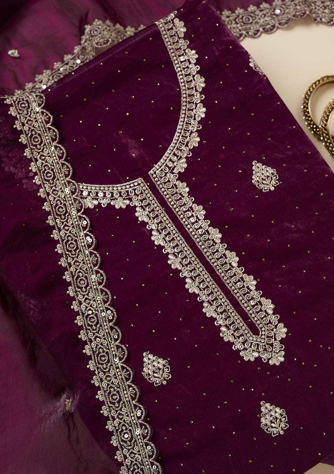 Purple Zardozi (Gold) Semi Crepe Unstitched Salwar Suit-Koskii