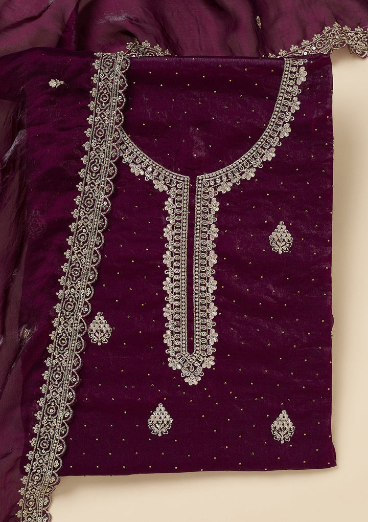 Purple Zardozi (Gold) Semi Crepe Unstitched Salwar Suit-Koskii