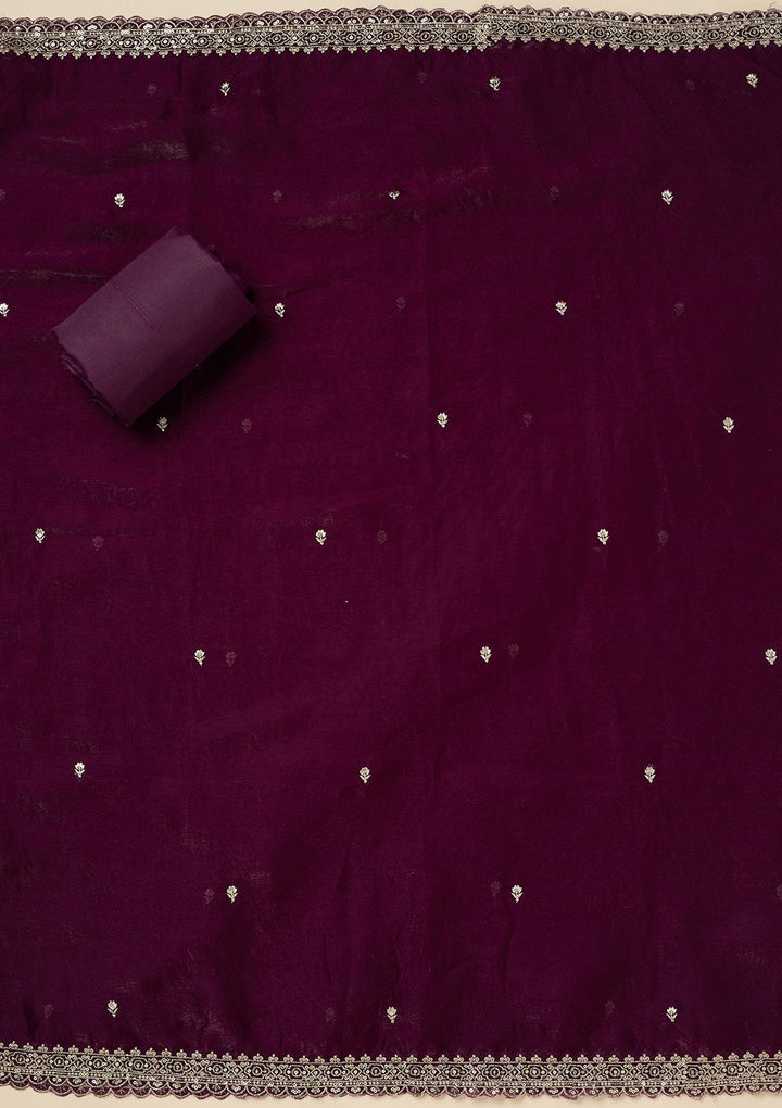 Purple Zardozi (Gold) Semi Crepe Unstitched Salwar Suit-Koskii