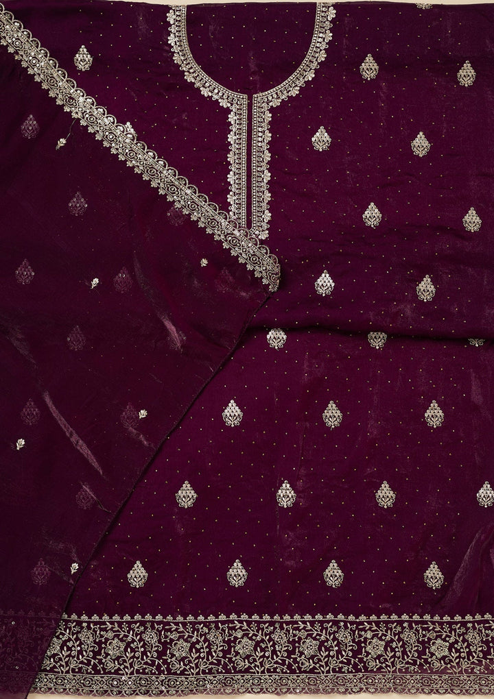 Purple Zardozi (Gold) Semi Crepe Unstitched Salwar Suit-Koskii