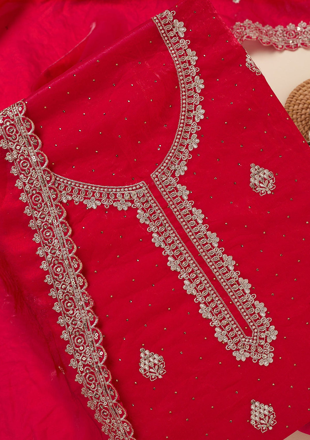 Rani Pink Zardozi (Gold) Semi Crepe Unstitched Salwar Suit-Koskii