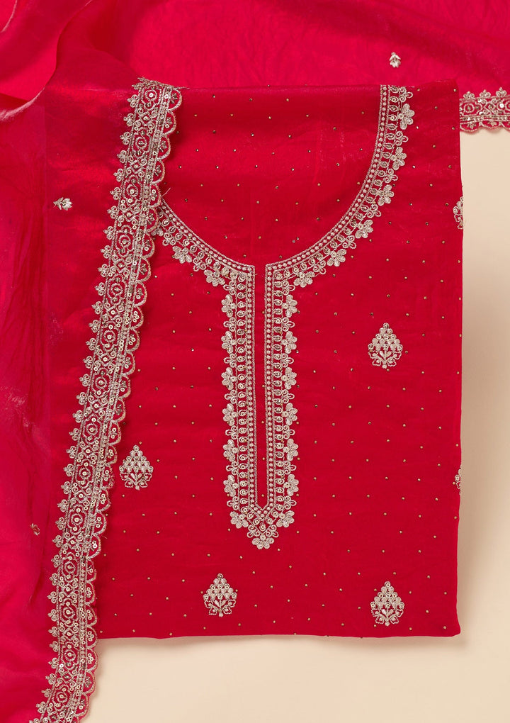 Rani Pink Zardozi (Gold) Semi Crepe Unstitched Salwar Suit-Koskii
