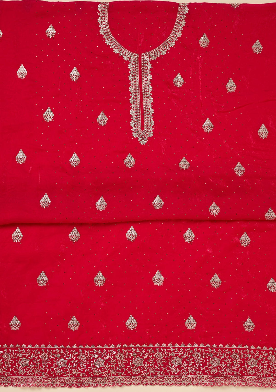 Rani Pink Zardozi (Gold) Semi Crepe Unstitched Salwar Suit-Koskii