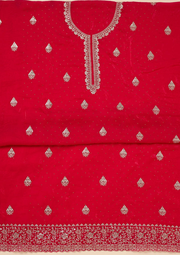 Rani Pink Zardozi (Gold) Semi Crepe Unstitched Salwar Suit-Koskii
