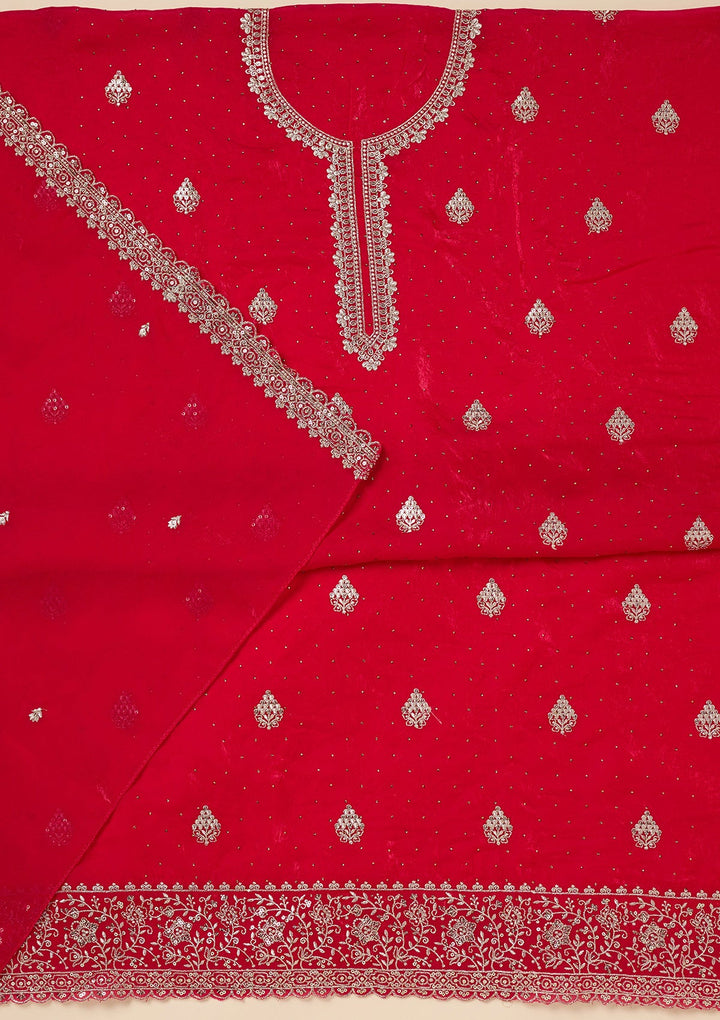 Rani Pink Zardozi (Gold) Semi Crepe Unstitched Salwar Suit-Koskii