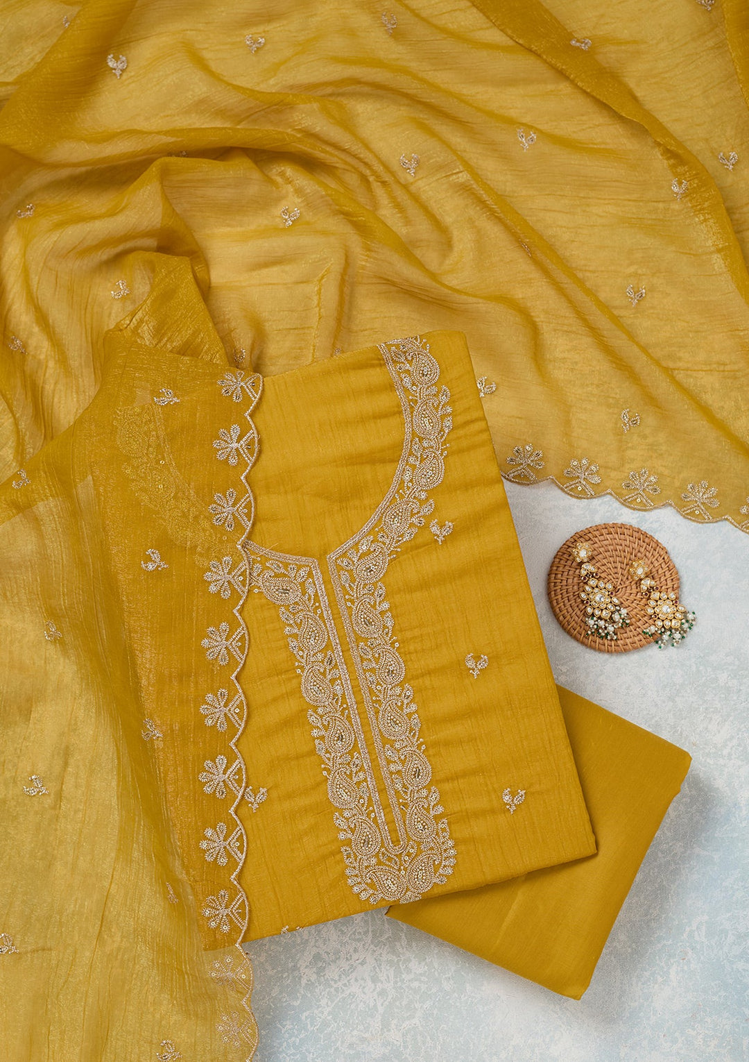 Yellow Zariwork (Gold) Semi Crepe Unstitched Salwar Suit-Koskii