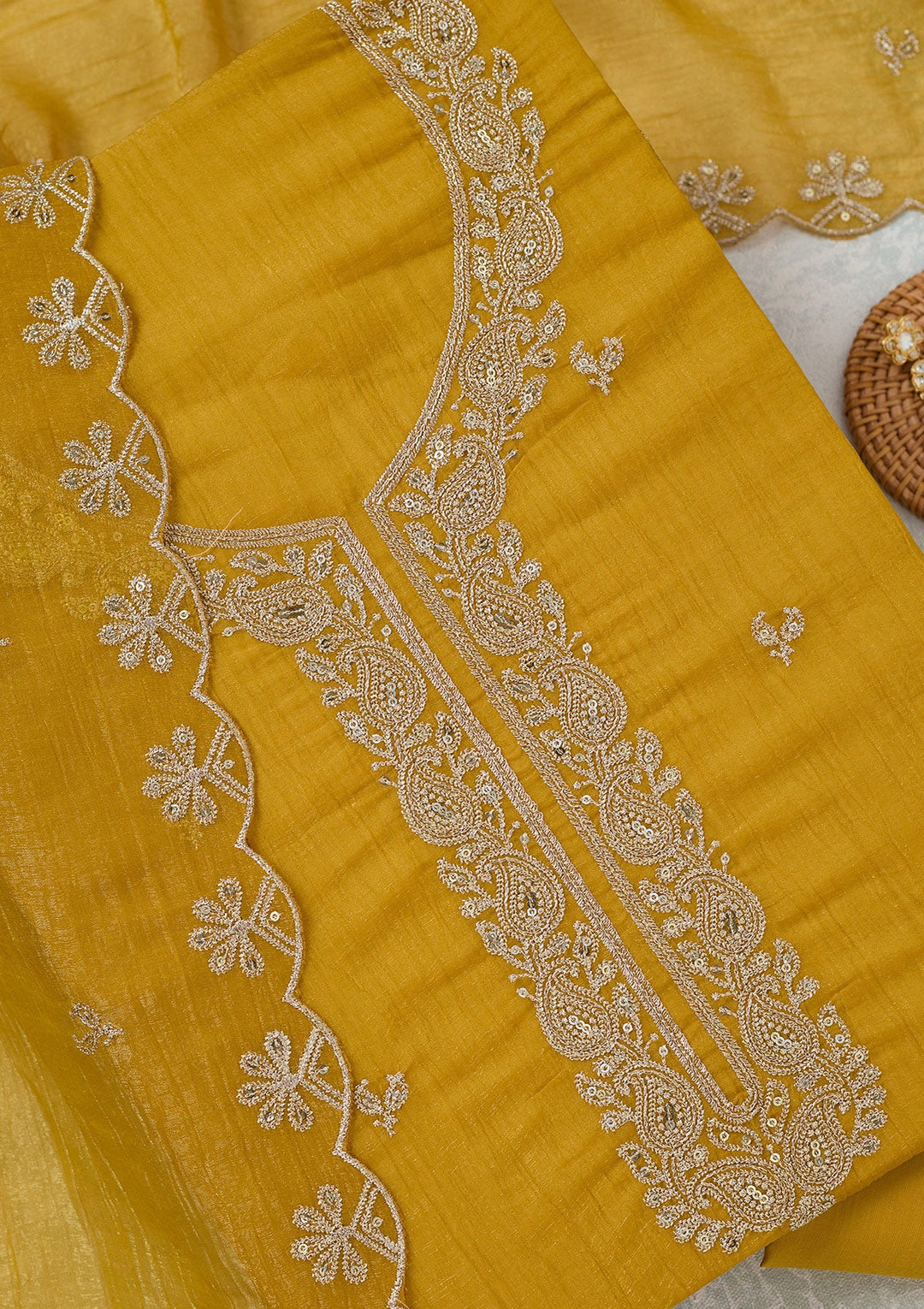 Yellow Zariwork (Gold) Semi Crepe Unstitched Salwar Suit-Koskii