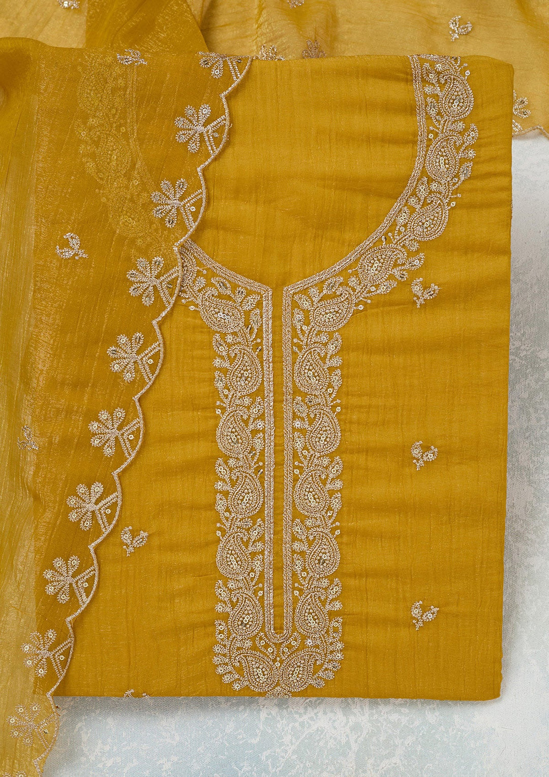 Yellow Zariwork (Gold) Semi Crepe Unstitched Salwar Suit-Koskii