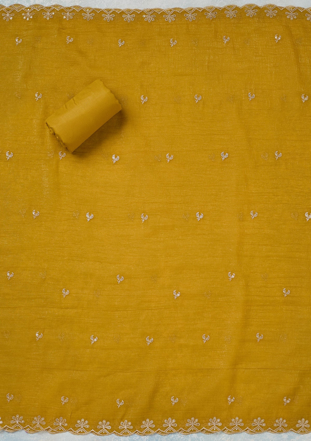 Yellow Zariwork (Gold) Semi Crepe Unstitched Salwar Suit-Koskii