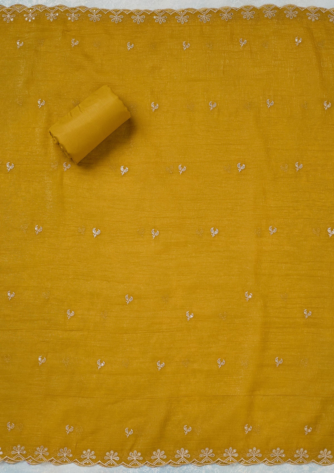 Yellow Zariwork (Gold) Semi Crepe Unstitched Salwar Suit-Koskii