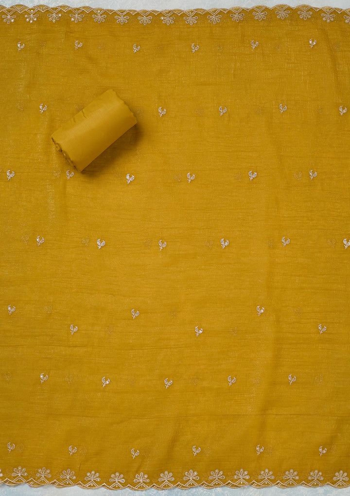 Yellow Zariwork (Gold) Semi Crepe Unstitched Salwar Suit-Koskii