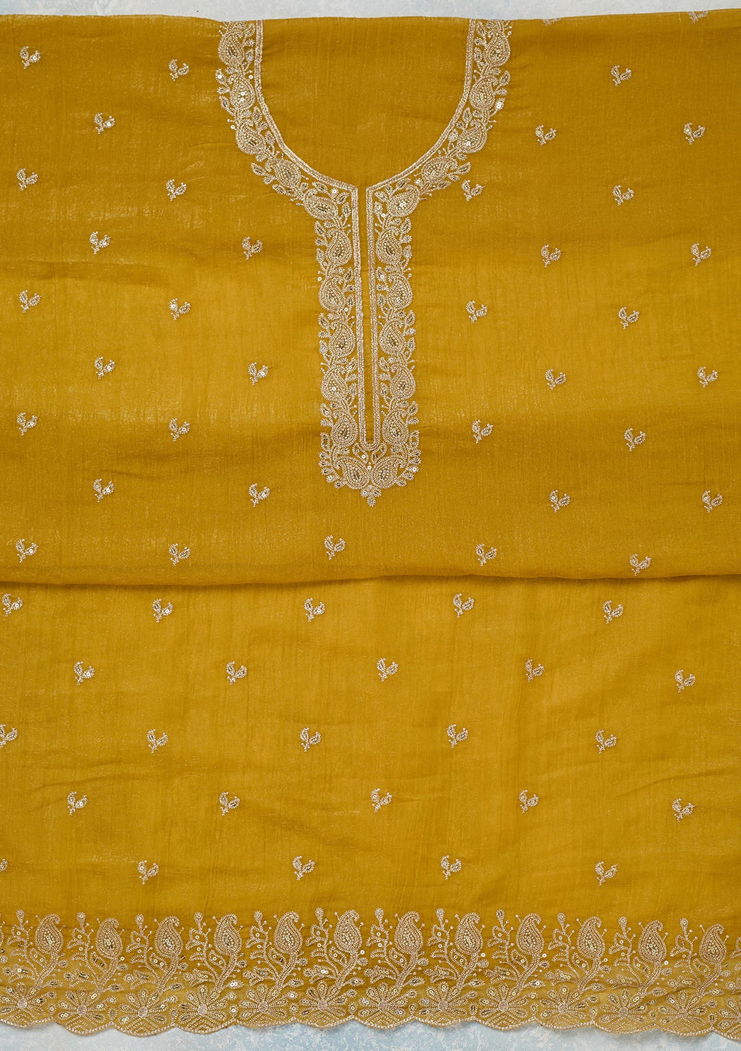 Yellow Zariwork (Gold) Semi Crepe Unstitched Salwar Suit-Koskii