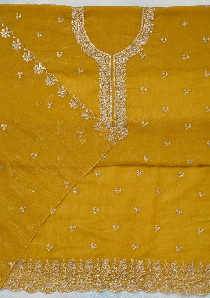 Yellow Zariwork (Gold) Semi Crepe Unstitched Salwar Suit-Koskii