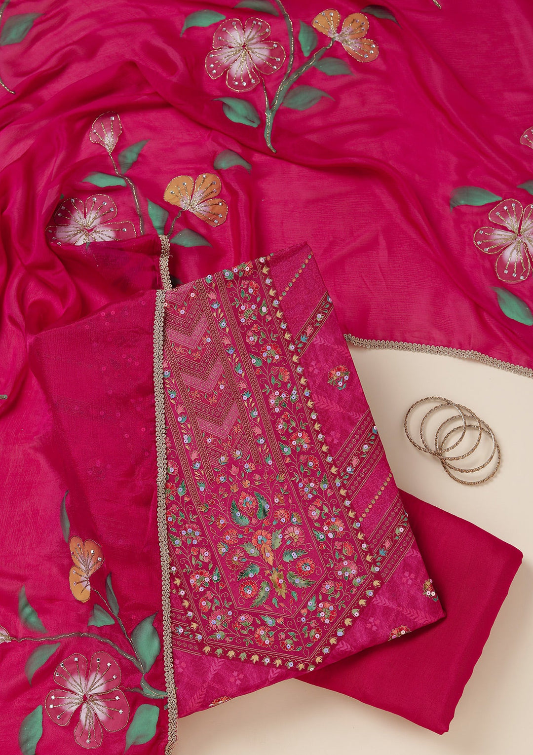 Magenta Pink Zariwork (Gold) Brocade Unstitched Salwar Suit_koskii