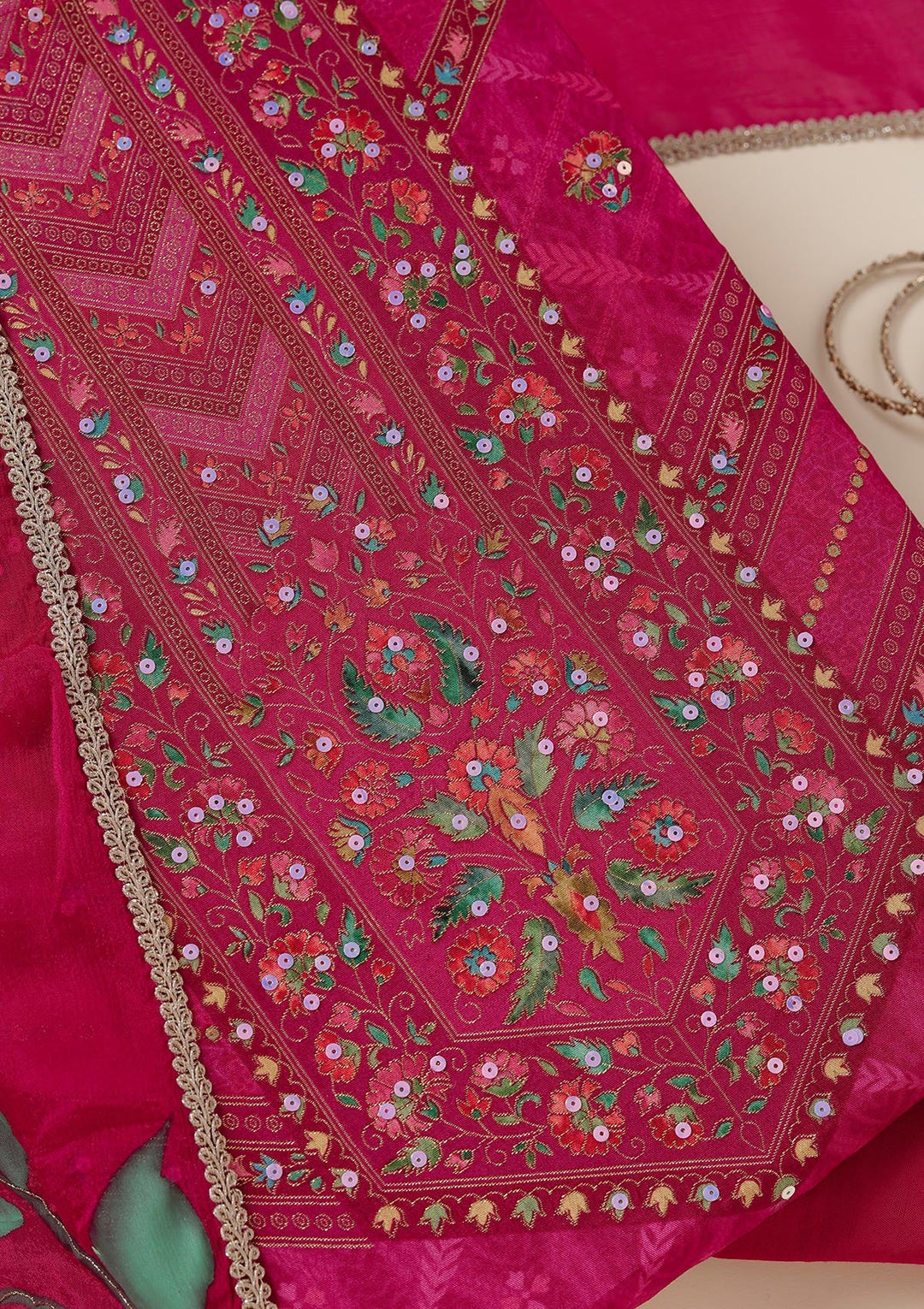 Magenta Pink Zariwork (Gold) Brocade Unstitched Salwar Suit_koskii