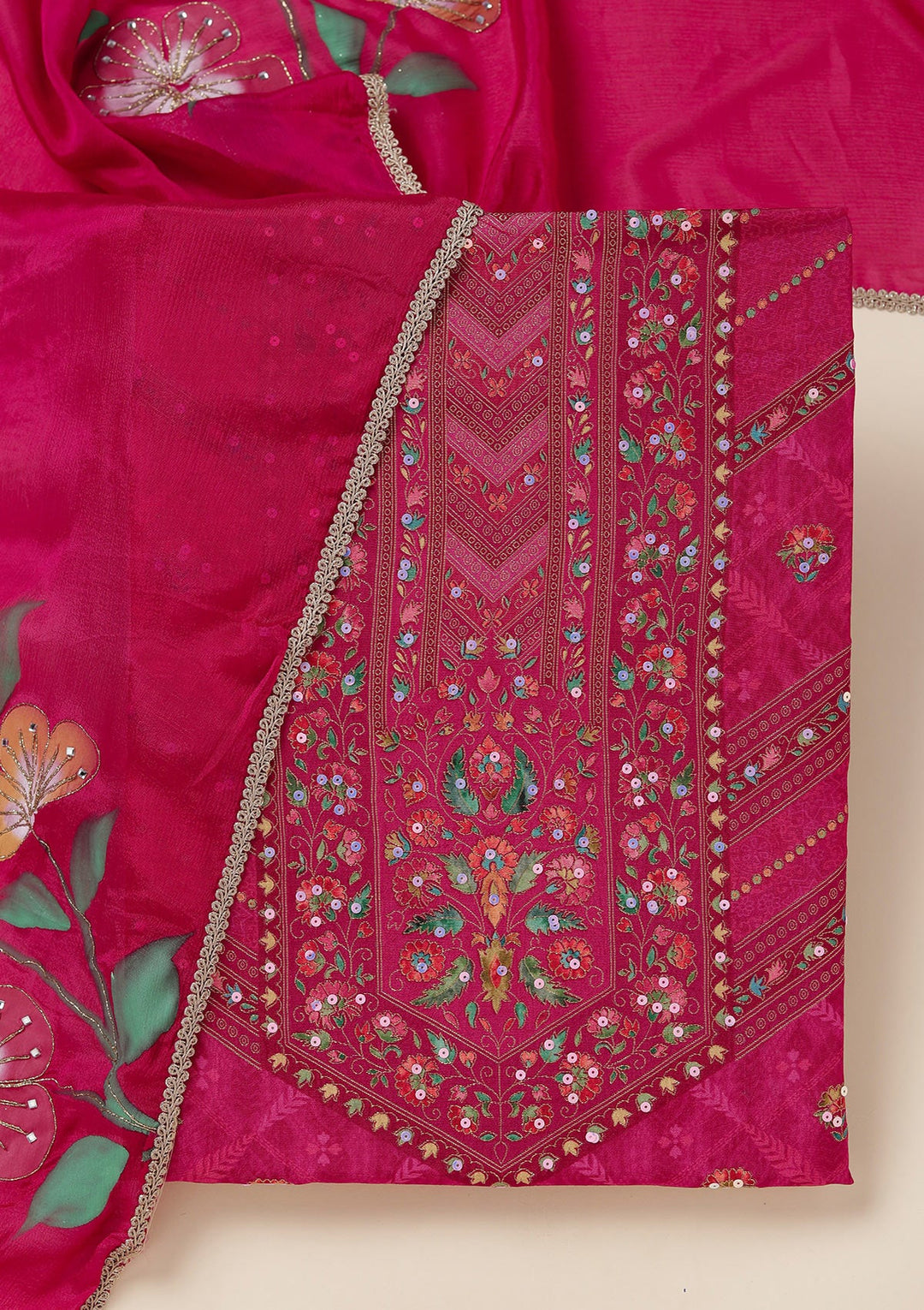 Magenta Pink Zariwork (Gold) Brocade Unstitched Salwar Suit_koskii