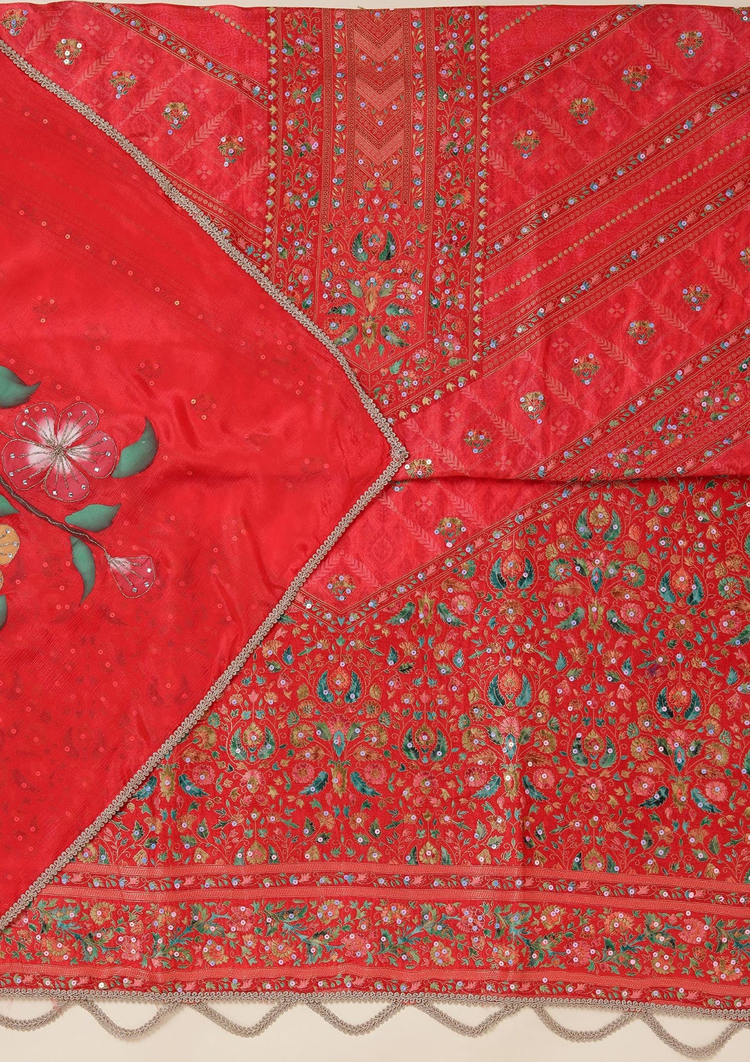 Red Zariwork (Gold) Brocade Unstitched Salwar Suit_koskii