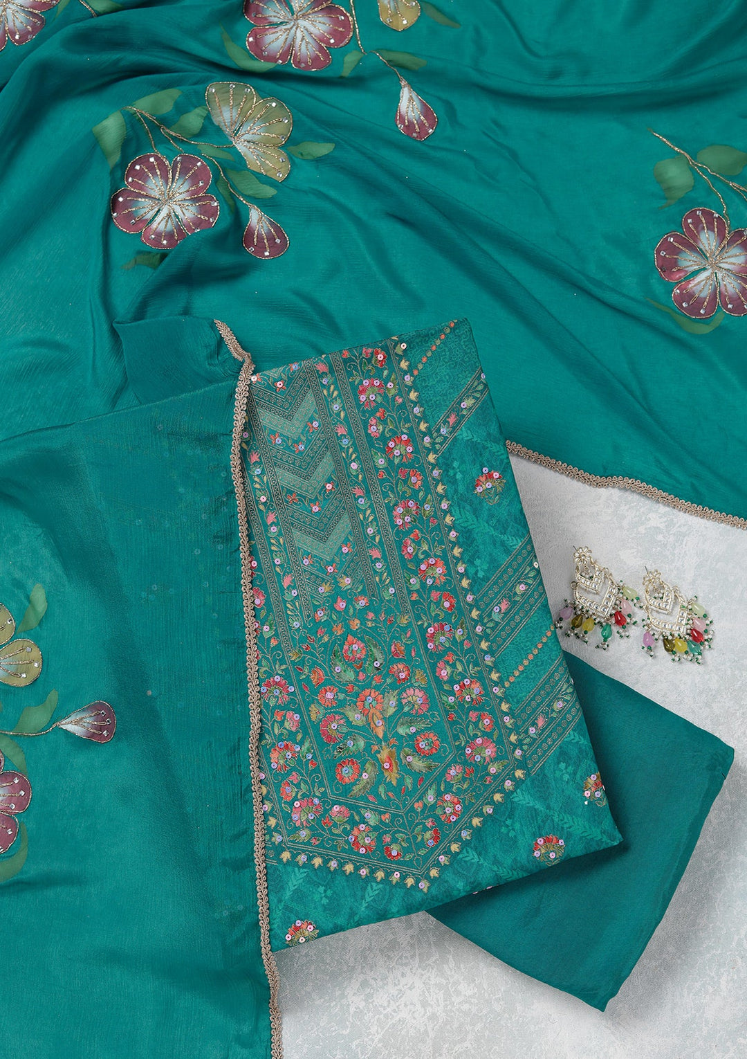 Turquoise Blue Zariwork (Gold) Brocade Unstitched Salwar Suit_koskii