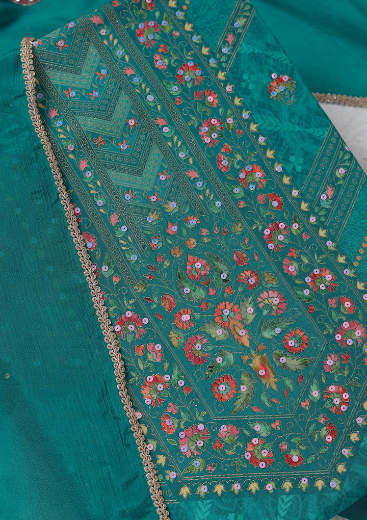 Turquoise Blue Zariwork (Gold) Brocade Unstitched Salwar Suit_koskii