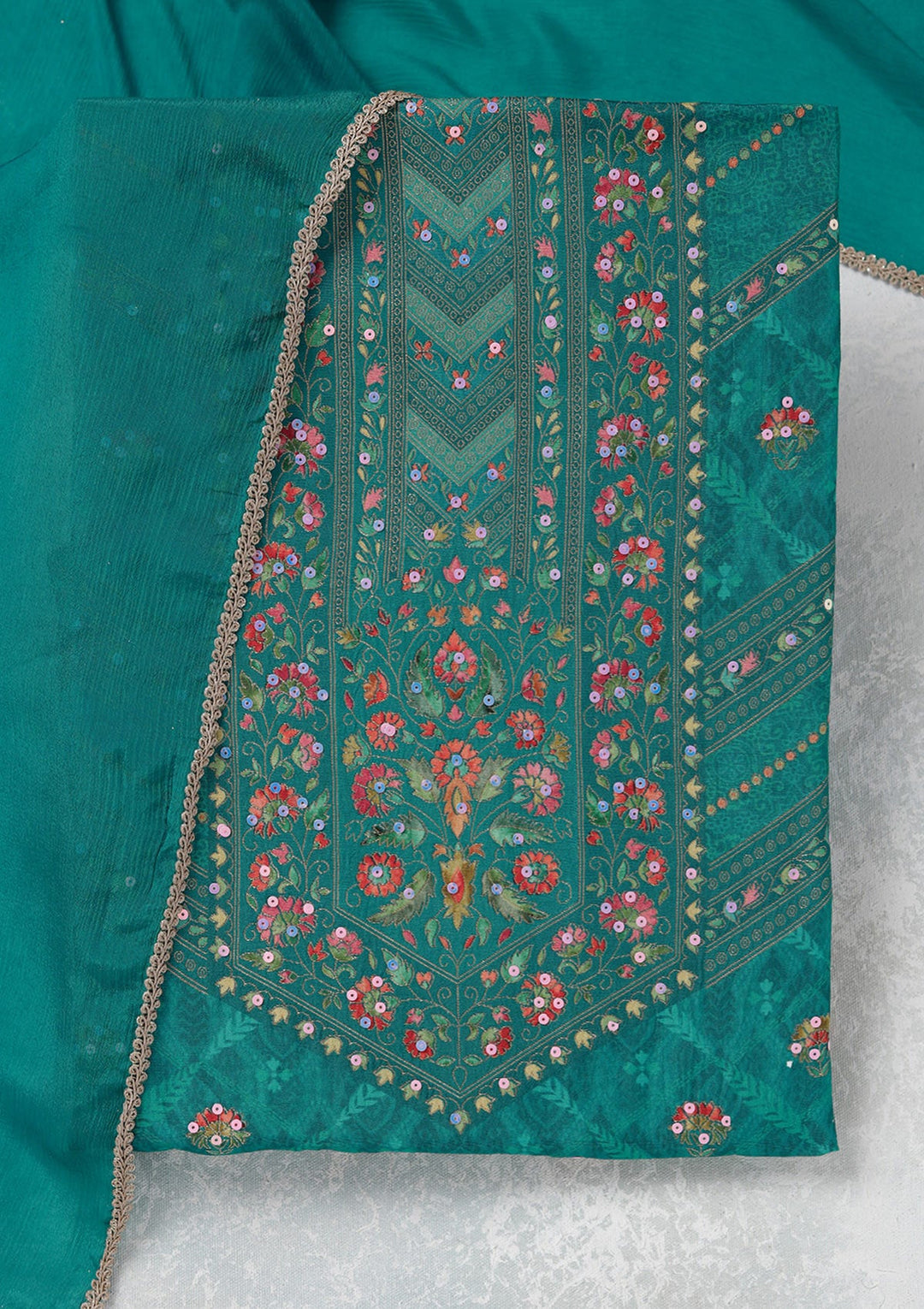 Turquoise Blue Zariwork (Gold) Brocade Unstitched Salwar Suit_koskii