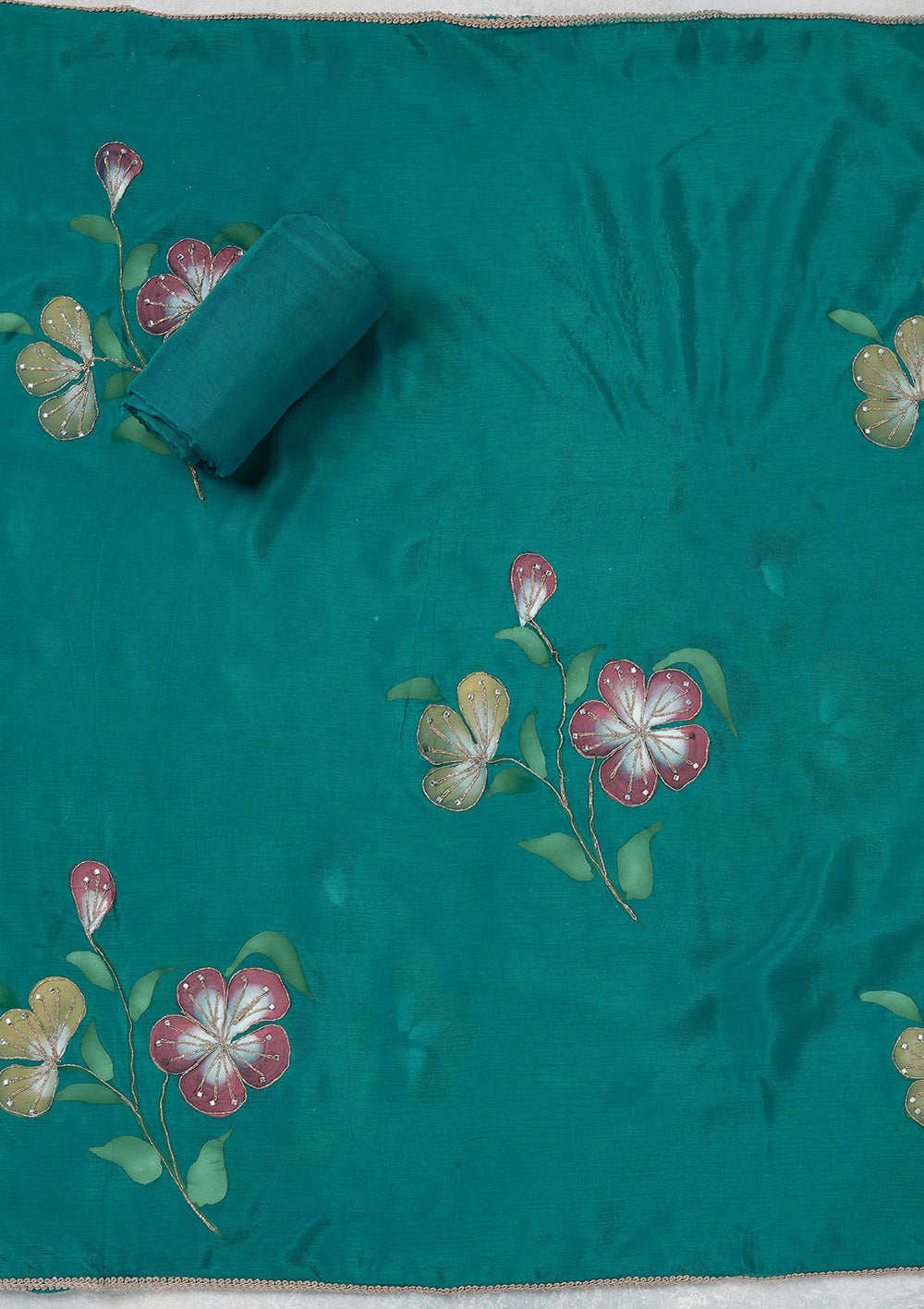 Turquoise Blue Zariwork (Gold) Brocade Unstitched Salwar Suit_koskii