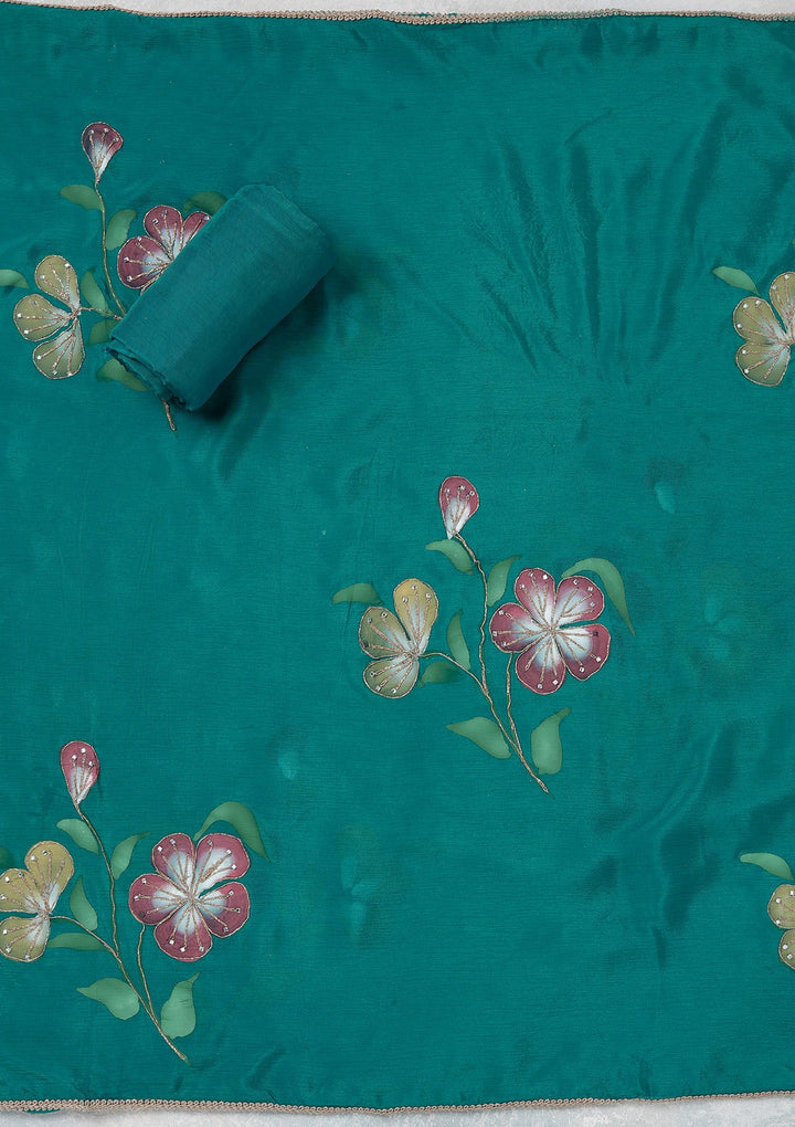 Turquoise Blue Zariwork (Gold) Brocade Unstitched Salwar Suit_koskii