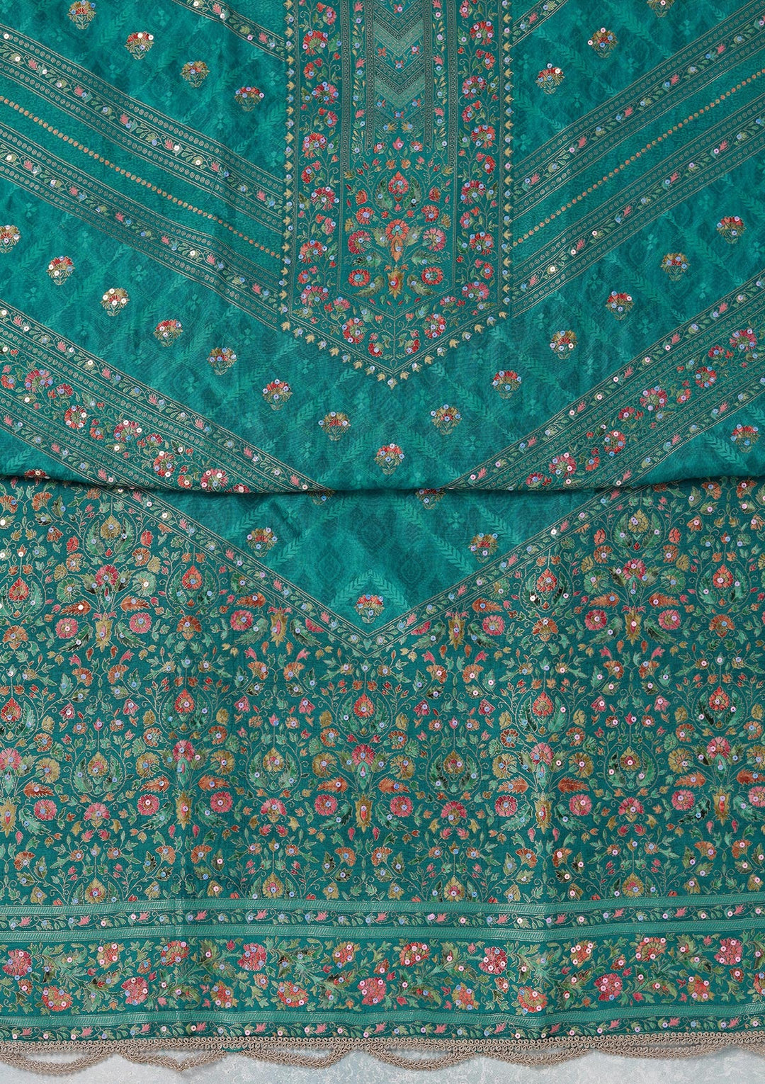 Turquoise Blue Zariwork (Gold) Brocade Unstitched Salwar Suit_koskii