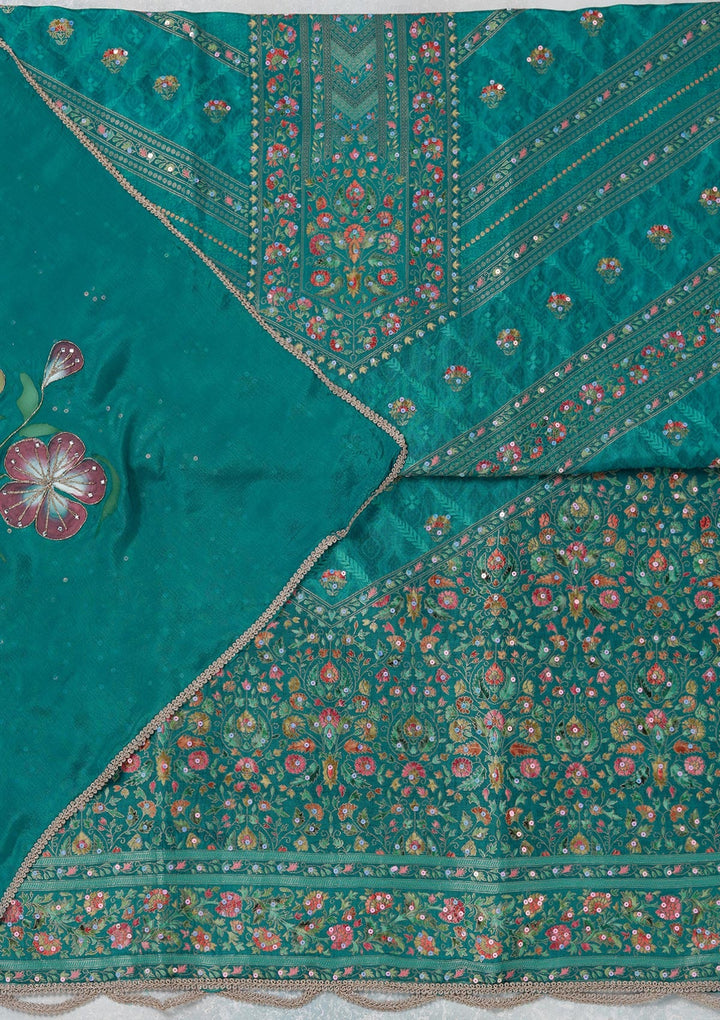Turquoise Blue Zariwork (Gold) Brocade Unstitched Salwar Suit_koskii