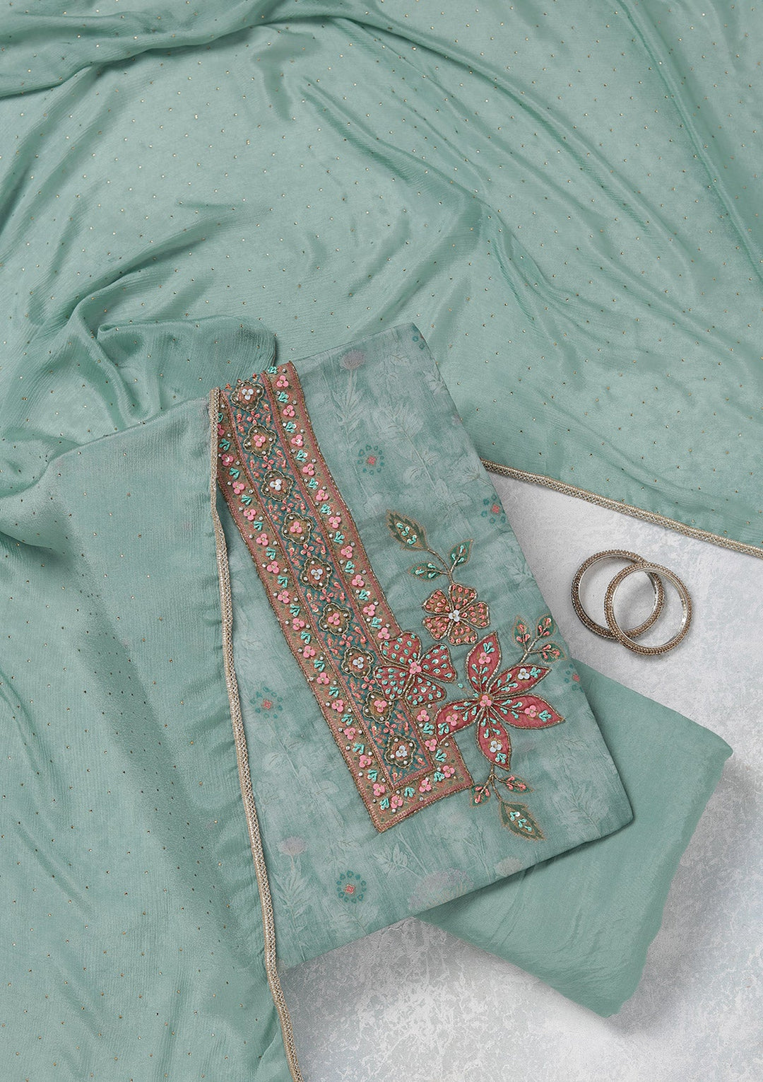 Sky Blue Zariwork (Gold) Organza Unstitched Salwar Suit_koskii