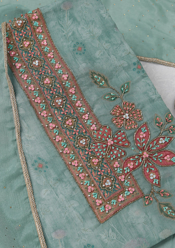 Sky Blue Zariwork (Gold) Organza Unstitched Salwar Suit_koskii