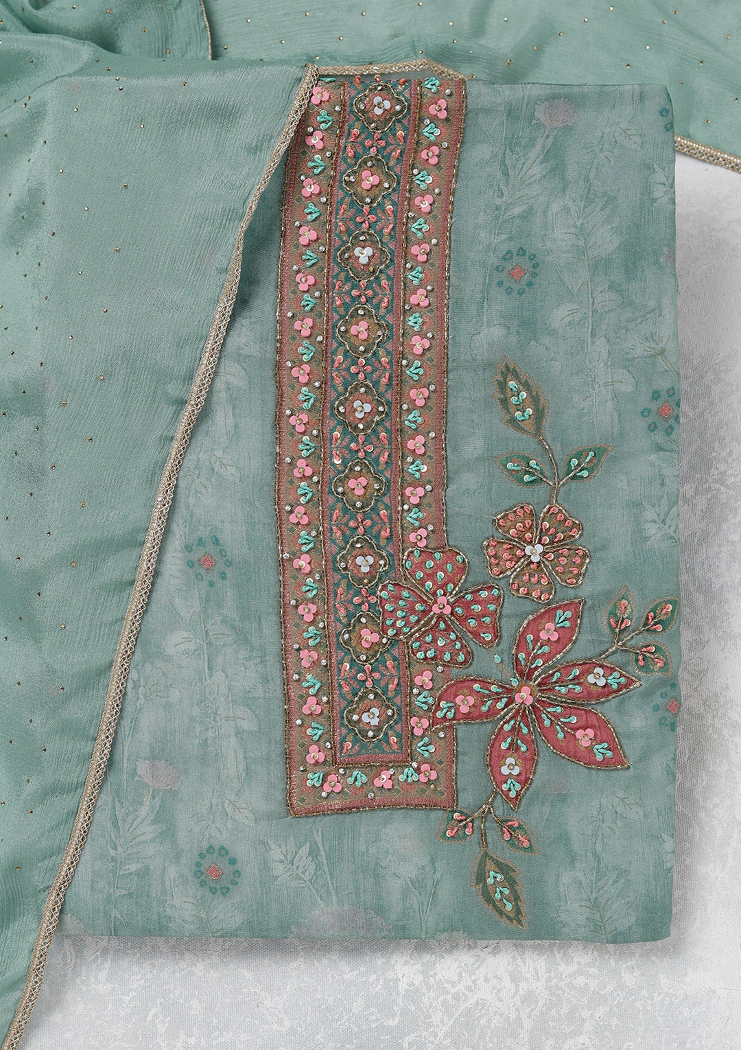 Sky Blue Zariwork (Gold) Organza Unstitched Salwar Suit_koskii