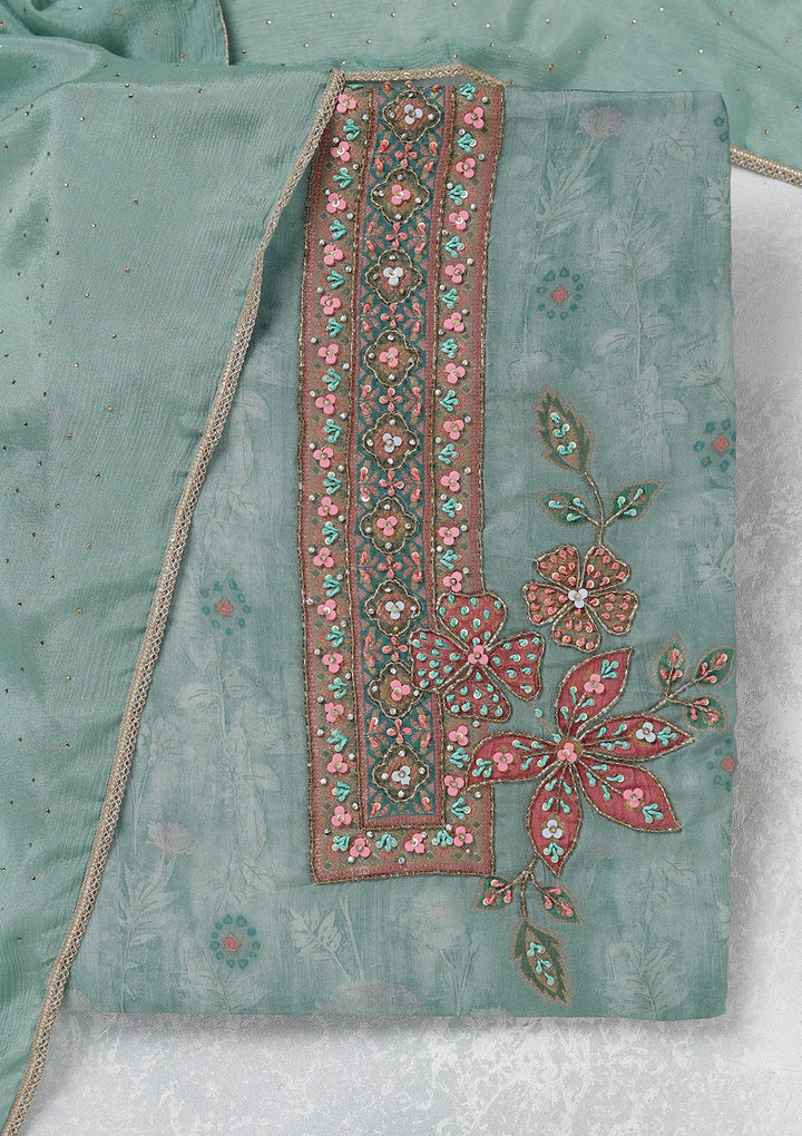 Sky Blue Zariwork (Gold) Organza Unstitched Salwar Suit_koskii