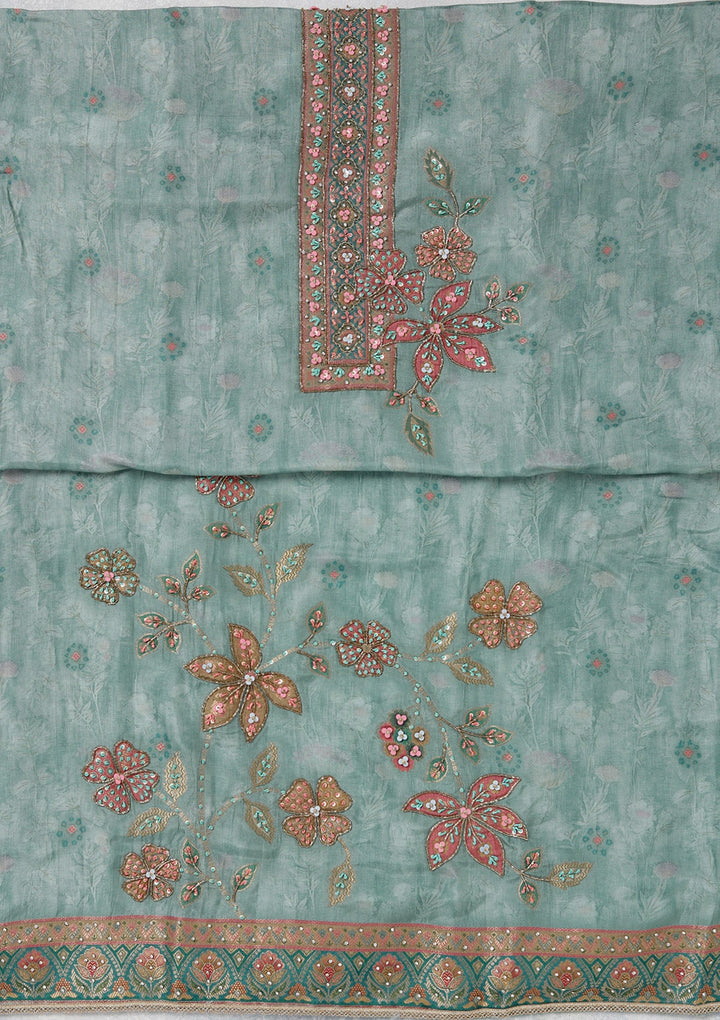 Sky Blue Zariwork (Gold) Organza Unstitched Salwar Suit_koskii