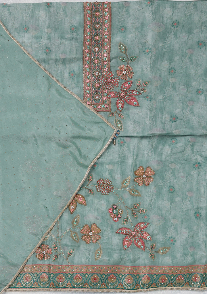 Sky Blue Zariwork (Gold) Organza Unstitched Salwar Suit_koskii